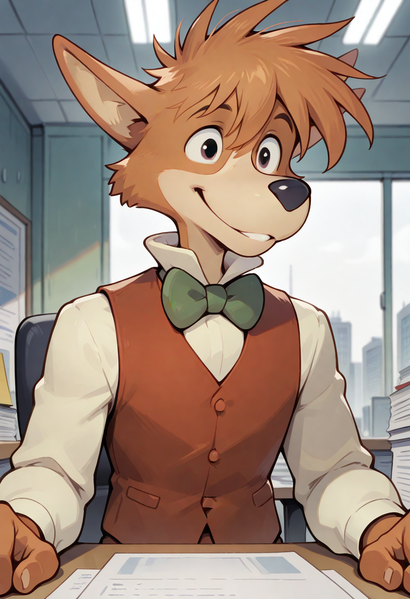 best quality, amazing quality, very aesthetic, absurdres, newest, sherlock hound, furry, furry male, male focus, 1boy, solo, black eyes, vest, office, bowtie, smile, happy, <lora:Sherlock_Hound_Meitantei_Holmes_Illustrious:1>