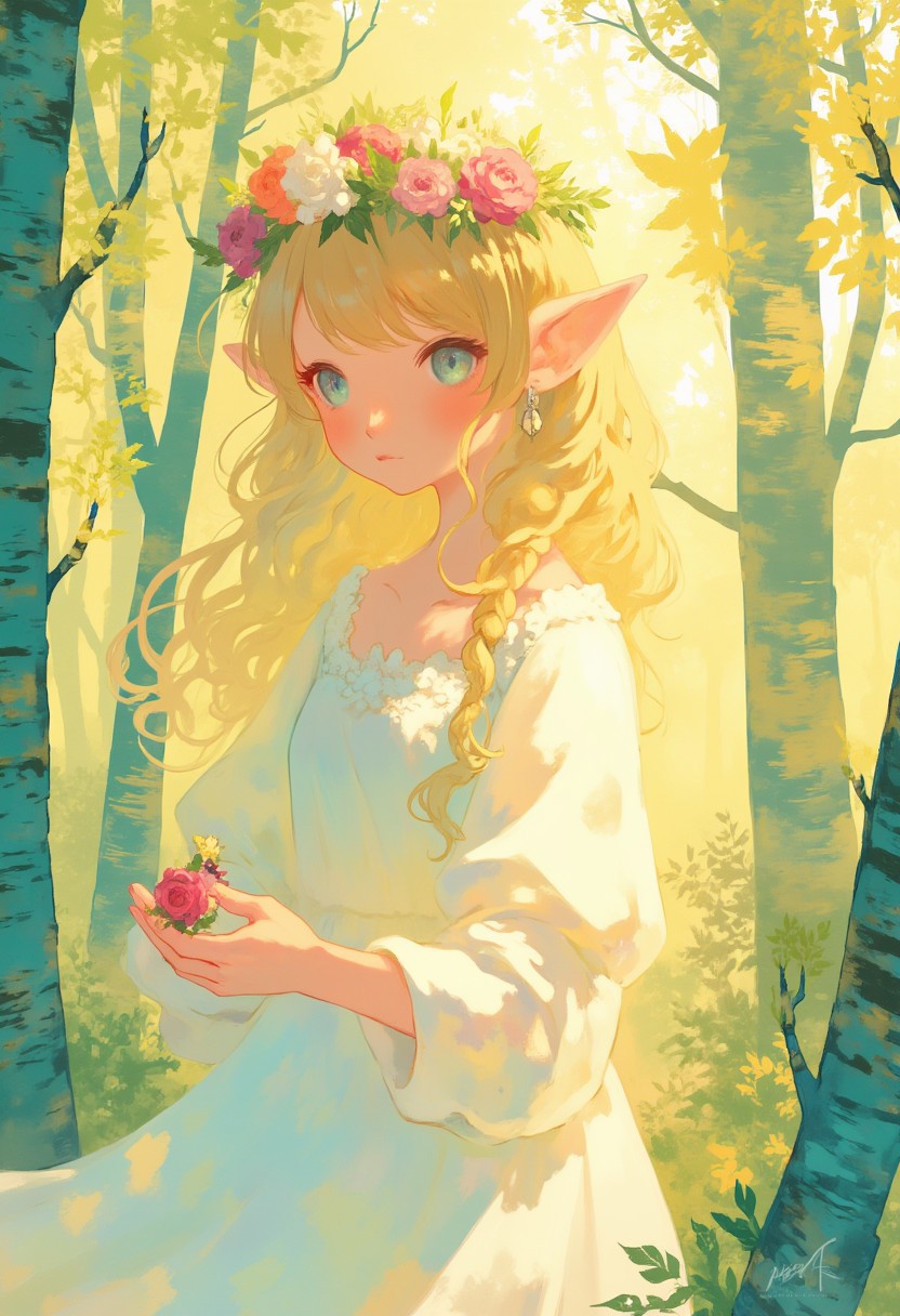 closeup of a beautiful elven princess. pointy elf ears, a little bird in her hands,wearing a flowercrown, stunning blue eyes, white silken dress. In an enchanted forest,sun rays,soft pastel anime