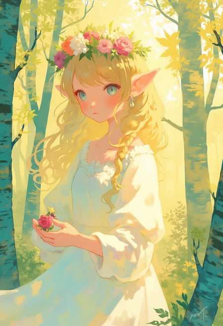 closeup of a beautiful elven princess. pointy elf ears, a little bird in her hands,wearing a flowercrown, stunning blue eyes, white silken dress. In an enchanted forest,sun rays,soft pastel anime