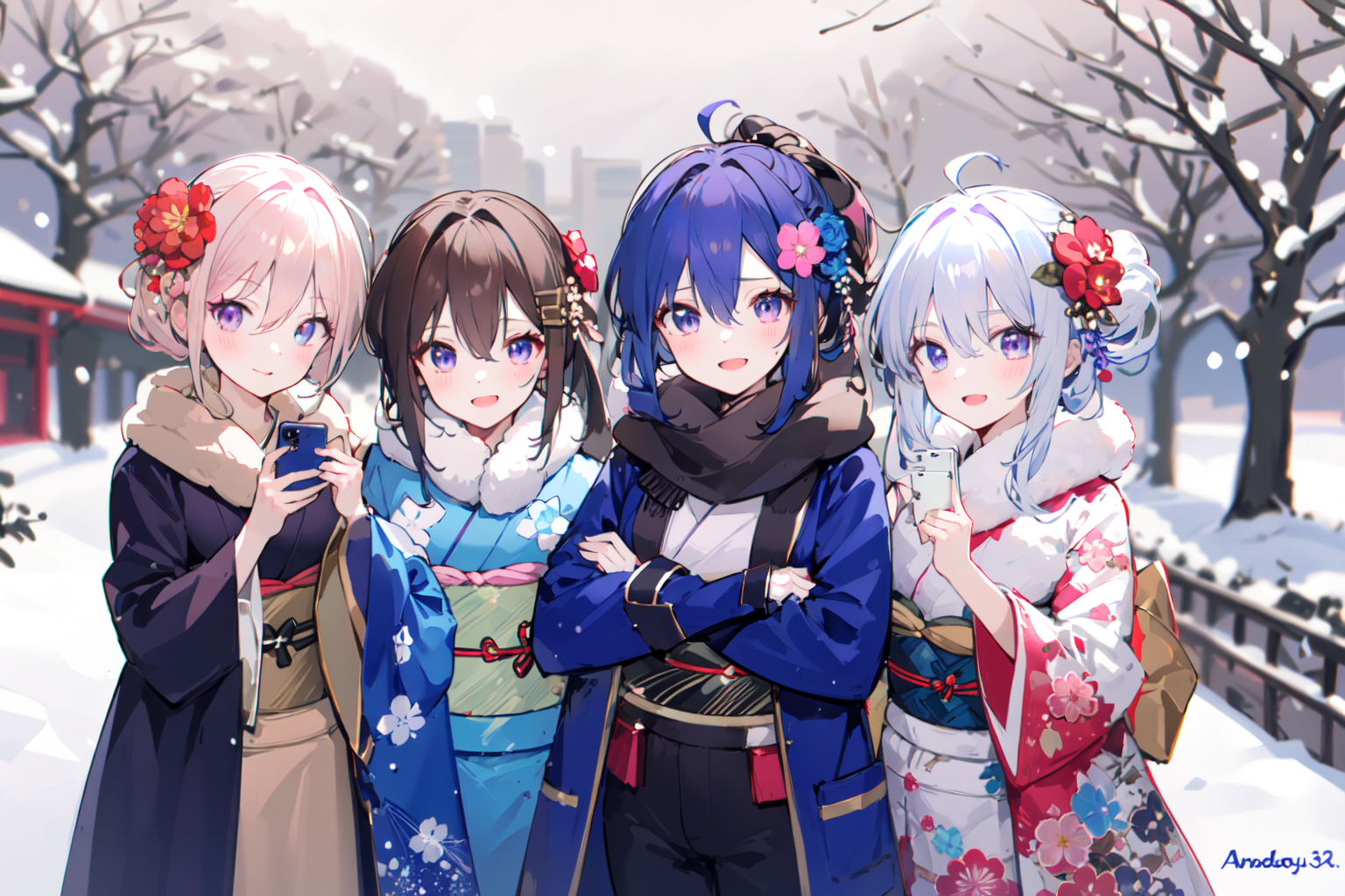 (masterpiece:1.2),best quality,PIXIV,
androgynous, scarf, multiple girls, long hair, purple hair, pink hair, japanese clothes, holding, outdoors, sweater, brown hair, kimono, blue eyes, hair ornament, hair flower, smile, pink eyes, bangs, purple kimono, fur trim, brown scarf, brown eyes, phone, holding phone, short hair, v, black gloves, flower, open mouth, long sleeves, gloves, hair between eyes, cellphone, jacket, plaid scarf, coat, purple eyes, blue coat, open clothes, snow, blue jacket, smartphone, blue kimono, obi, red flower, blush, :d, braid, winter, sash, closed mouth, tree, pants, blurry, ponytail, black pants, bare tree, pink kimono, floral print, 3girls, looking at viewer, brown sweater, crossed arms, plaid, photo background, side ponytail, brown coat, black jacket, white hair
<lora:happy new year_20240102112354-000018:0.8>,