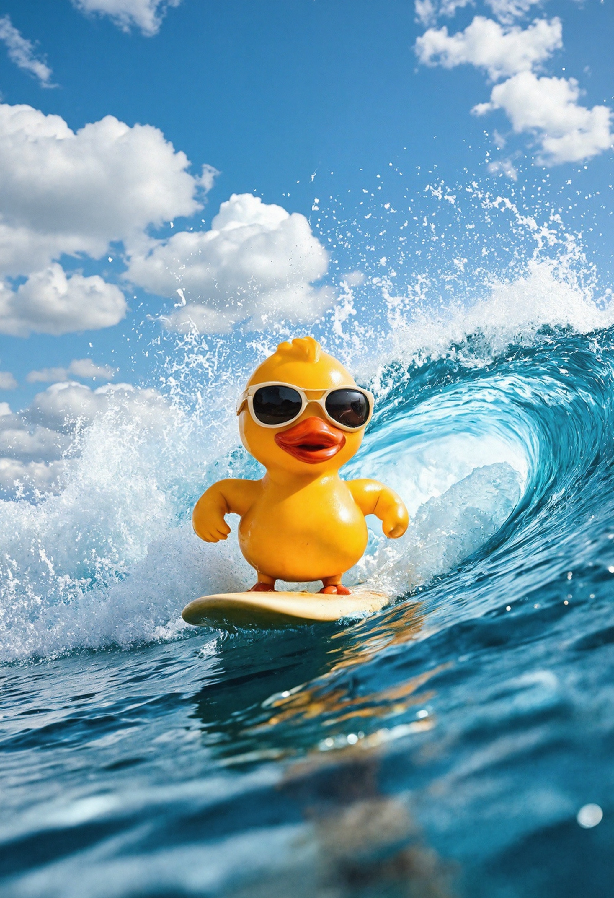 A charming and whimsical scene featuring an adorable little rubber duck . This playful duck, sporting stylish, oversized sunglasses, is expertly surfing a perfect, glassy wave that sparkles under the bright sun. The wave curls majestically around the duck, capturing the essence of a thrilling ride. Surrounding elements include glistening ocean water, gentle splashes, and a vibrant blue sky filled with fluffy white clouds, enhancing the joyful, adventurous atmosphere of this delightful surfing moment.