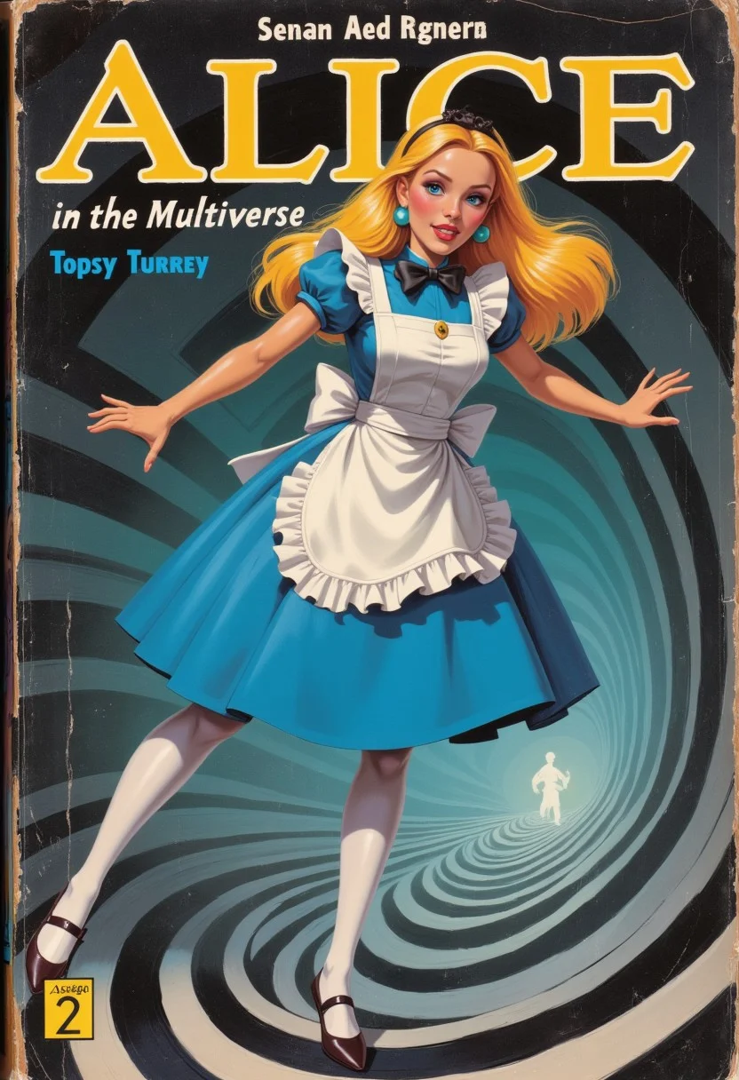 faded |damaged |poor condition |3::}Book cover: "Alice in the Multiverse", subtitle: "Topsy Turvey", author: "KaosEngine".
A woman falling into a black-and-white spiral
AliceWaifu, blue eyes, blue dress, white pantyhose, apron, black bow, blonde