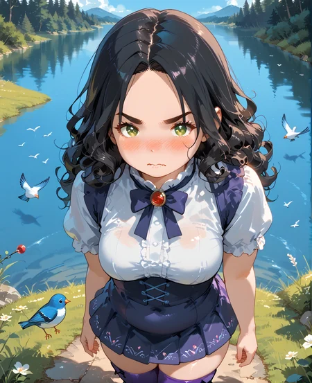 IllusP0s, PonyScores7, source_anime, ah1, IllustriousQual, interesting, exciting, spectacular, wonderful, <lora:natsumi_style:0.5>, <lora:by_usakun-pony:0.4>, by usakun, <lora:Akina_Bbw_Style_-_PonyXL:0.2>, AkinBw,
BREAK (In-The-Moment Perspective shot),
BREAK 1girl, mature female, (round face:1.2), (thick eyebrows:1.3), (curvy), round-chin, caucasian, (plump face), <lora:Round_face:0.2>, <lora:ETO_OC_Illustrius:0.5>, eto_oc, skindentation, (plump), thick thighs, wide hips, busty, voluptuous, lips, <lora:venus body PonyXL:0.3>, <lora:shinyskin2:0.2>, glistening skin,
BREAK (curly hair), long hair, (black hair:1.4), (parted hair:1.7), messy hair, kinky curls, <lora:hairdetailpxl:0.2>, hairdetailpxl,
BREAK (half green and brown eyes), (colorful eyes), (multicolored eyes), (downturned eyes:1.4), <lora:expressive eyes:0.2>, expressive eyes, <lora:eyedetailpxl:0.2>, eyedetailpxl, <lora:Eyes_High_Definition:0.2>, EyesHD,
BREAK ((v-shaped eyebrows, wavy mouth, nose blush, pout)), <lora:Expressive_H:0.2>, Expressiveh, <lora:Emotional_Anime_Expressions_PonyXL_Concept:0.2>, emotional, <lora:Best_Facial_Expression_LoRA_PONY:0.2>, looking at viewer, <lora:Detailed expressive EXEV style -XL Pony V1.0:0.2>, FaceDetail,
BREAK ((Standing with one hand on the waist, looking sideways)),
BREAK (snow white deep purple vinyl mini skirt with a matching top and glossy finish complemented by purple thigh-high boots),
BREAK (((a lively lake, with jumping fish, singing birds, swaying reeds, a vibrant environment))),
BREAK <lora:xl_more_art-full_v1:0.2>, <lora:aesthetic_anime_v1s:0.2>, <lora:EpicF4nta5yXL:0.2>, <lora:detailxl:0.2>, detailxl, <lora:Fant5yP0ny:0.2>, best quality, amazing quality, best aesthetic, absurdres, illustration, Volumetric_Lighting, ultra-detailed, very aesthetic, intricate details, 8k, masterpiece, best_quality
BREAK Stable_Yogis_PDXL_Positives, AS-Adult, <lora:Complicated fantasy portrait - XL Pony V2.0:0.2>, bad-hands-5, <lora:HDA_Detailer:0.3>, HDA_FatGirlXL,