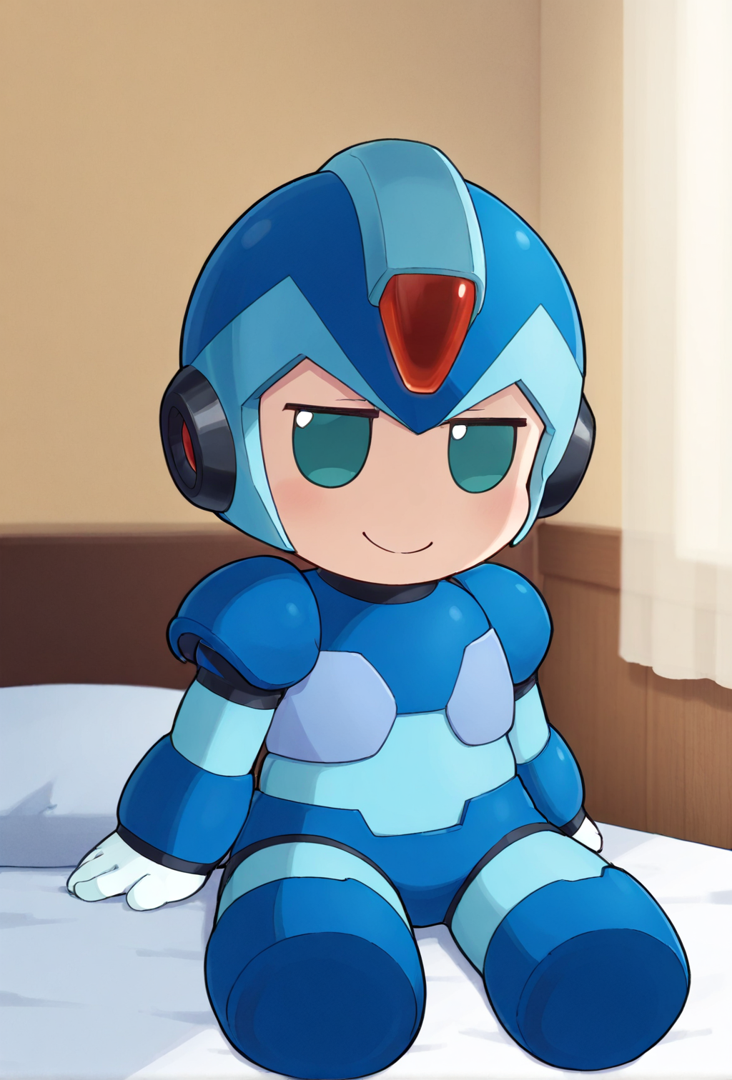 masterpiece,best quality,amazing quality,very aesthetic, anime coloring,depth_of_field, solo,megax,green_eyes, blue_helmet, blue_armor, blue_bodysuit, arm_cannon, white_gloves, blue_boots,no pupils, (((chibi))), (((fumo))), sitting, fumo, indoors,bed,happy,:)