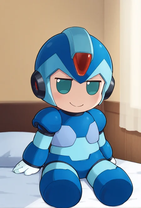masterpiece,best quality,amazing quality,very aesthetic, anime coloring,depth_of_field, solo,megax,green_eyes, blue_helmet, blue_armor, blue_bodysuit, arm_cannon, white_gloves, blue_boots,no pupils, (((chibi))), (((fumo))), sitting, fumo, indoors,bed,happy,:)