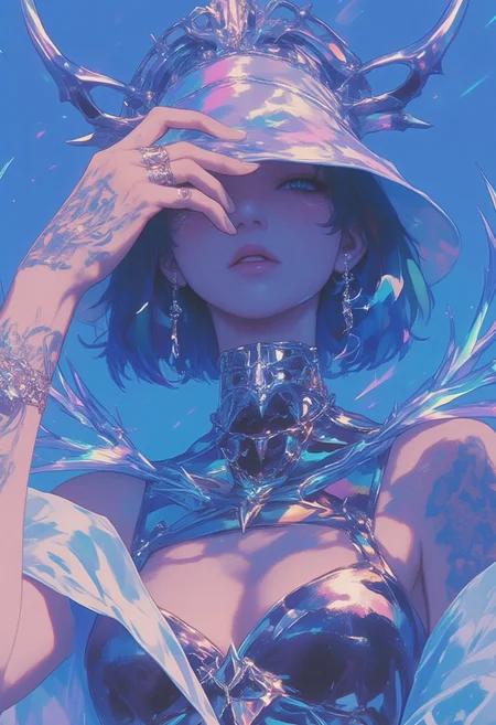 In a hyper-realistic **ne0nfant4sy** vision, the **chrome-clad figure** leans forward, one foot stepping ahead in a stance of quiet readiness. Their right hand grips the brim of the **chrome silver non la**, revealing just a sliver of their face—sharp, angular features accented by **chrome-plated cheekbones and jawline**, giving them a sleek **mechanical-human hybrid** appearance. The **metallic tassels** flow forward, as if caught in motion, partially obscuring the rest of the face beneath the hat, heightening the character's sense of anonymity. The sleeveless **chrome robe**, glossy and reflective, ripples gently in the air, catching vibrant streaks of **neon blue light** from the glowing backdrop. The intricate, **glowing silver tattoo** on the exposed left arm contrasts against the polished chrome surface, its fine details pulsing with an ethereal glow. The figure radiates readiness, their stance poised for imminent action, embodying a fusion of **futuristic technology** and **traditional elegance**, standing out against the surreal neon landscape.
((glow_skin,iridescent skin,oily skin,portrait, Detailed hand, Hand, Perfect hand, in the style of Jed-clrfl, surreal photo, iridescent, aesthetic))