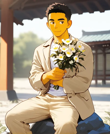 ((source anime)), breeze style, ((anime eyes:1.5, small nose, simple mouth:1.5)), short hair, score_9, score_8_up, score_7_up, Korean, <lora:Expressive_H:1.4>, ((handsome man:1.2, light skin)), (focus male, solo:1.1), masterpiece, best quality, ((1man, 1boy, mature man:1.4)), masterpiece, best quality, amazing quality,
<lora:Breez_Style_Wv7:1>. breeze style, smile,
masterpiece, best quality, amazing quality, 1boy, solo, masterpiece, best quality, young man sitting on a rock, relaxed posture, casual outfit (beige jacket, white t-shirt, beige trousers), short dark hair, holding a small bouquet of flowers, slight smile, looking at the camera, outdoor setting, blurred background with architecture, candid lifestyle photography, shallow depth of field, bright and even lighting, sunny day, volumetric lighting,