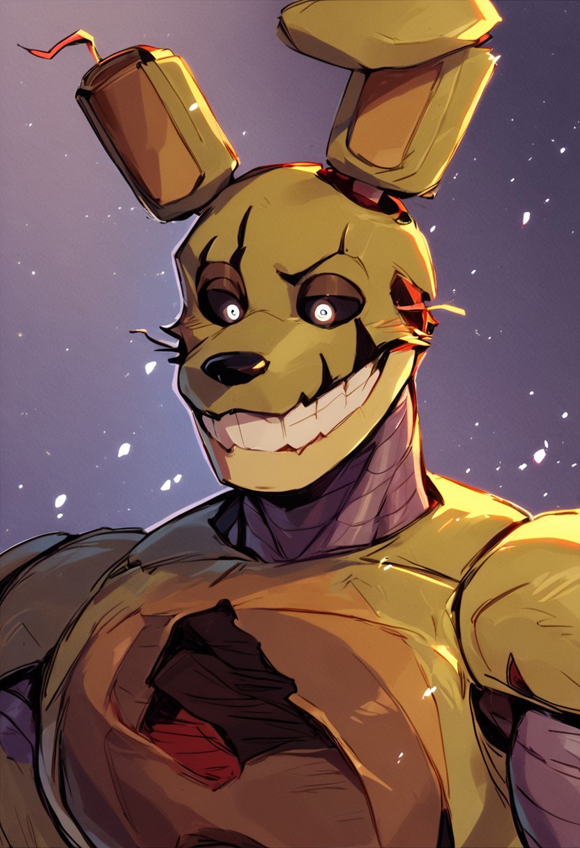 score_9, score_8_up, score_7_up, ((springtrap)), dynamic pose, upper body, green fur, muscular, rabbit, male focus, close mouth, solo, (animatronic), black sclera, white eyes, solo, dark office, light particles, sexy smile, flirting eyes, masterpiece, best quality