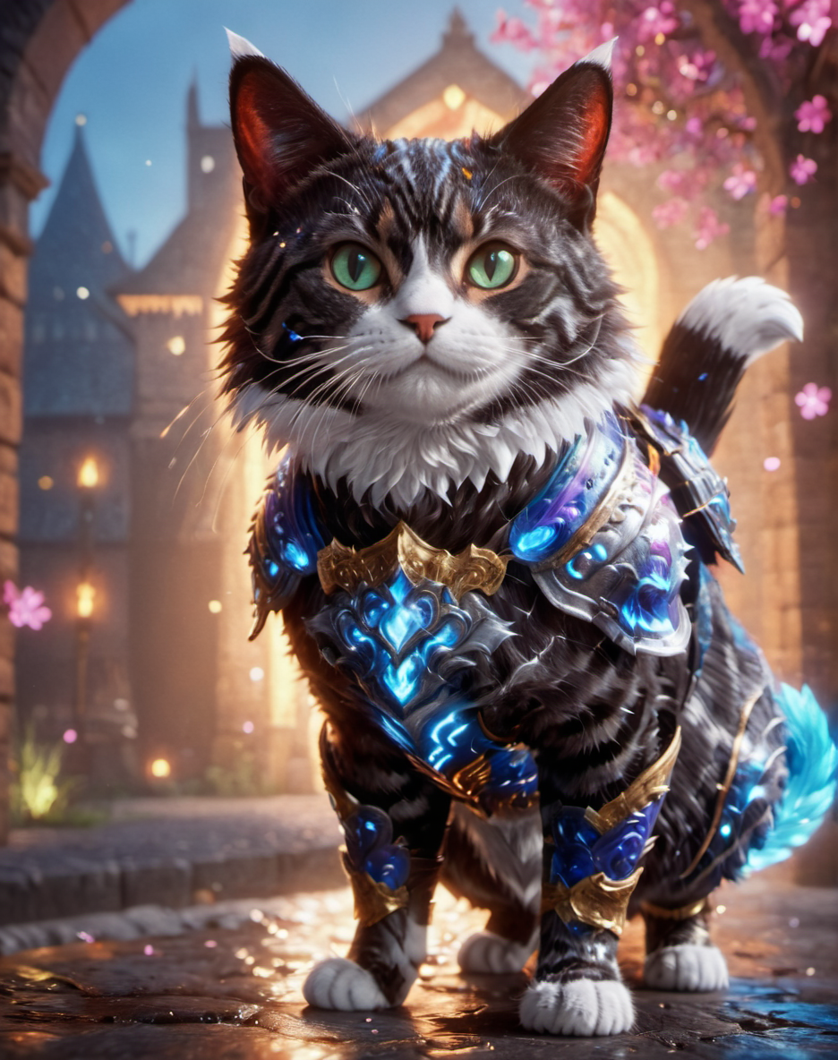 rainbowdreamxl,close up portrait of a cute cat,magical effects,armor parts,epic,trending on artstation,awardwinning,bokeh,cinematic,private press <lora:rainbowdreamxl-000004:0.6>