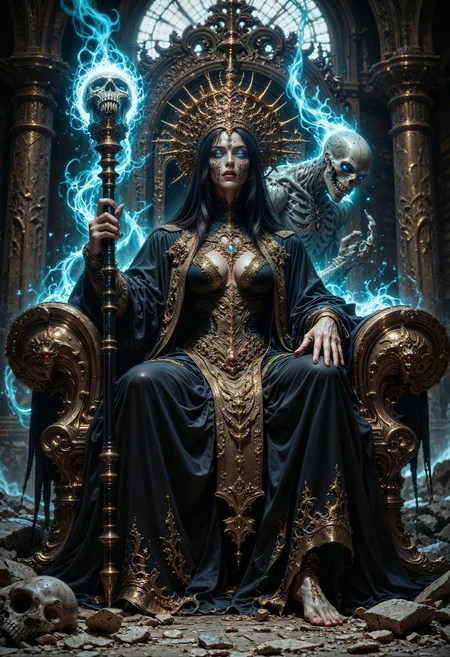 A ruler of a forsaken empire, the Hollow Empress exists in the space between life and death. Her skeletal frame is adorned with decadent, decayed finery—tattered velvet robes, tarnished golden jewelry, and a cracked crown that once shone with glory. Her face, half-veiled, reveals empty eye sockets that burn with spectral blue fire. From the shadows of her crumbling throne, ghostly tendrils writhe, whispering secrets of forgotten ages. In her hands, she holds a scepter crafted from bone and blackened steel, pulsing with the remnants of a once-powerful curse. The ruined halls of her palace echo with the ghostly wails of those who served her in life and beyond.