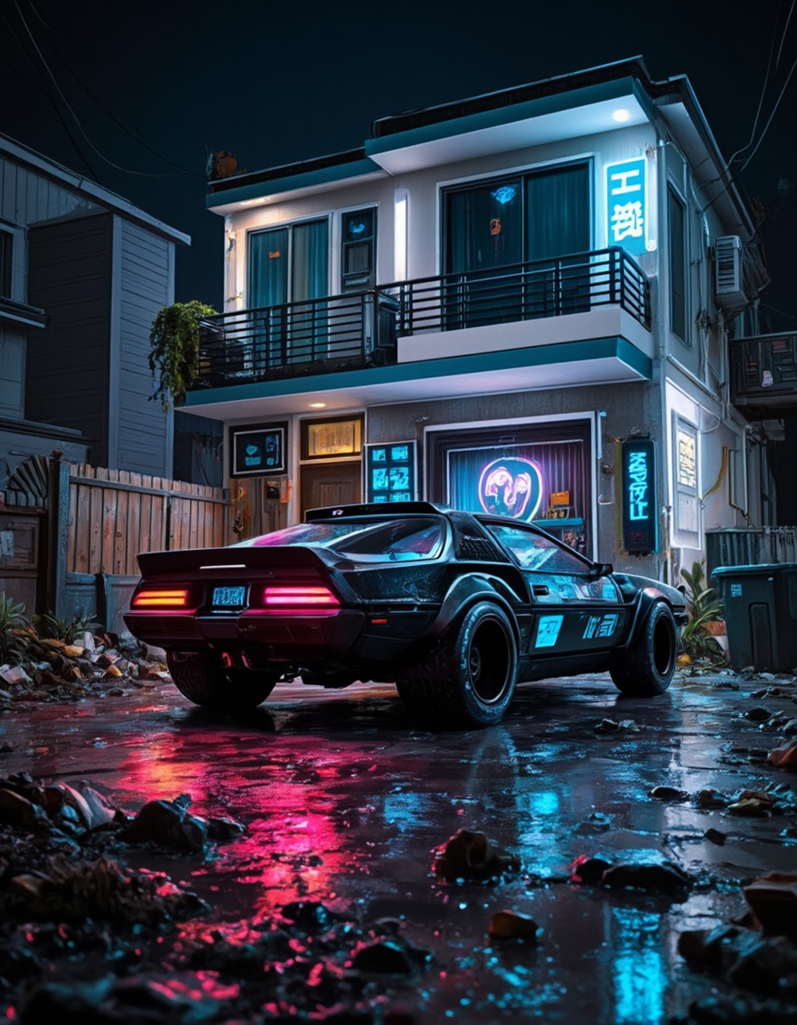 <lora:CWMinis01v2flux:1> cw01mini, cyberpunk, cyberpunk car, garbage, glow, glowing kanji, house, illuminated, low angle shot, low apartment, night, wet, reflections, car neons,
