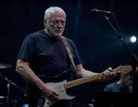 <lora:DAVID_GILMOUR:1>, The image is a high-resolution photograph capturing a live performance by an older man playing an electric guitar. The man, who has short white hair and a beard, is centrally positioned and appears to be deeply engaged in playing. He is wearing a plain black t-shirt and has a brown leather strap across his shoulder, which is reminiscent of a guitar strap. The strap has decorative stitching that adds a textured detail to his attire. The man is holding a black electric guitar with white pickguards and silver hardware, including the tuning pegs and bridge., 
The background is dark and slightly blurry, suggesting a concert setting with stage lights illuminating the performer. The stage lights create a dramatic contrast, casting a soft glow around the man and highlighting his figure. A microphone stand is visible on the right side of the image, indicating that he is likely singing or speaking into the microphone. The overall ambiance of the photograph is energetic and intense, capturing the essence of a live music performance. The textures in the image range from the smooth, polished surface of the guitar to the rougher texture of the man's beard and the leather strap.