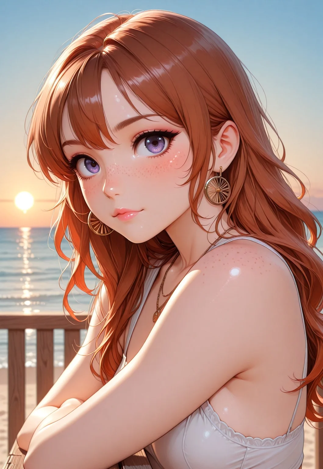 Beautiful, ultra high quality, very detailed, 8k, detail focus, civchan,( auburn gradient hair:1.3), medium wavy hair, cute face, perfect face, purple eyes, small nose, soft features, perfect makeup, pink lipstick, lip gloss, eyeliner, mascara, eyelashes, perfect skin, blush, gold hoop earrings, necklace, enticing look, lustful, sexy, attractive, (zoomed out:1.2), masterpiece, highest quality, 1girl, freckles ,( body turned to side:1.2), (face turned toward viewer:1.2), side profile of ass, leaning on wooden railing, beach background, sunset, beautiful sky