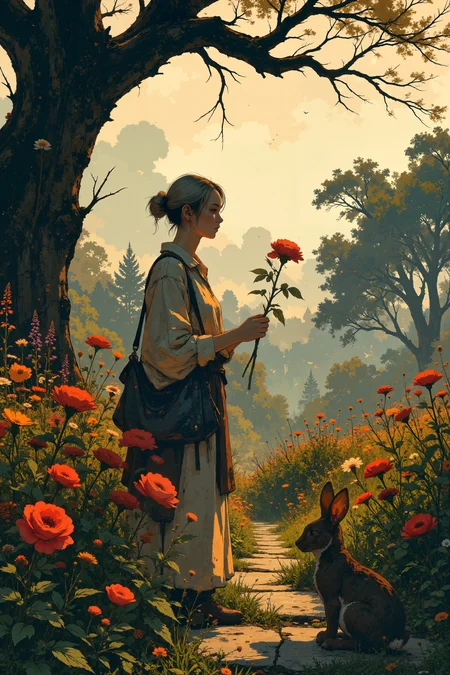 In a tranquil garden under the soft, golden light of a late afternoon sun, an elderly woman with weathered brown skin and snow-white hair gently prunes a rose bush bursting with deep crimson blooms. Her gnarled hands move with expert precision, each snip of the pruning shears releasing the sweet scent of roses into the air. Around her, the garden is a riot of colorâvibrant marigolds, delicate lavender, and clusters of daisies sway gently in the warm breeze. A tall, ancient oak tree provides dappled shade, its gnarled branches twisting above like protective arms. The air is alive with the sound of buzzing bees and chirping birds, and the soft rustle of leaves adds a calming rhythm to the scene. At her feet, a small brown rabbit hops cautiously through the flowerbeds, pausing to nibble at the clover growing between the stones of the garden path. The womanâs soft smile reflects the peace of the moment, her deep-set eyes glowing with the wisdom of years spent tending to her plants. The garden feels like a sanctuary, a living tapestry of nature, love, and time. Fantastic lighting. Detailed shadows.intricate details, vivid colors, hyper-detailed, ultra-sharp <lora:Blue_Future:0.2><lora:Ethereal_Brush_Anime_v1.0:0.6><lora:Dark_and_sentimental v1.0:0.6><lora:It's a LoRA for portraits, BUT! actually specialized in backgrounds. v1.0:0.3>