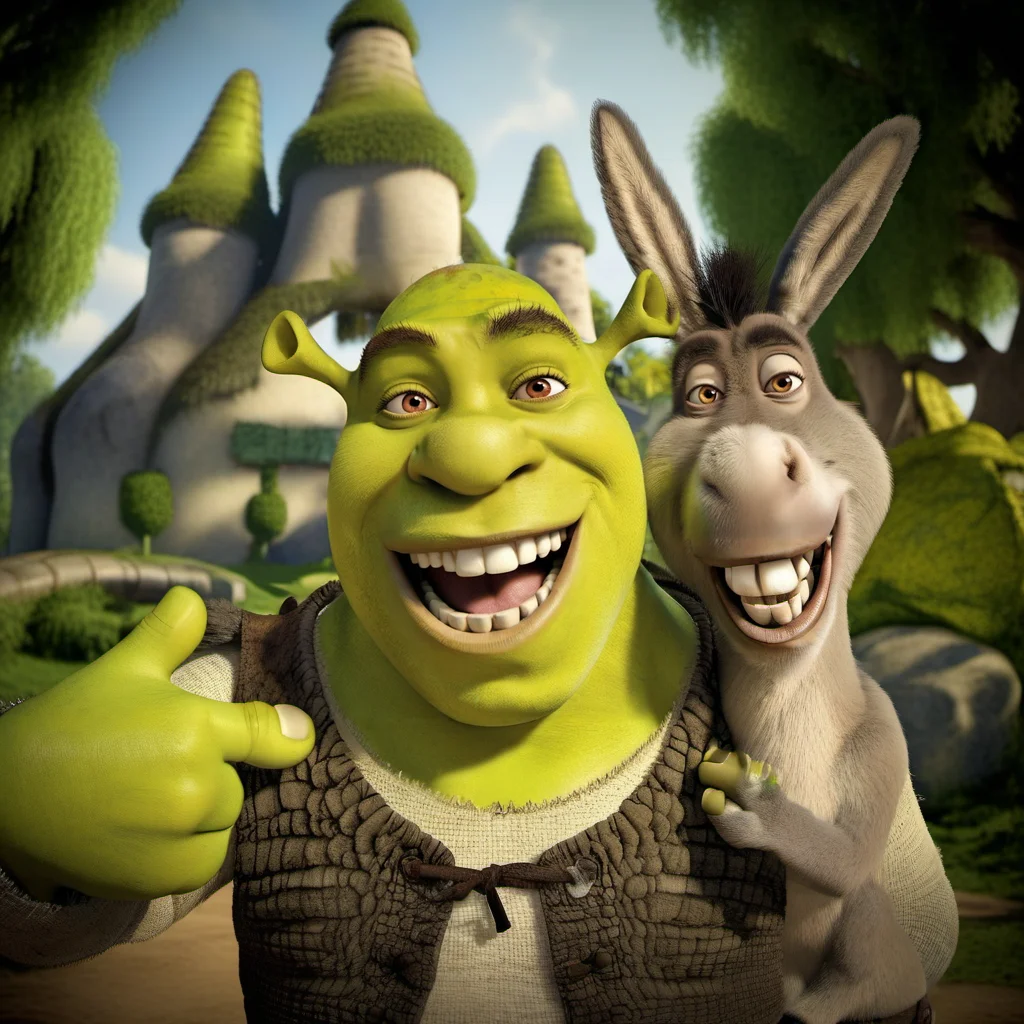 cinematic photo a smiling donkey take a selfie with shrek <lora:Donkey1024:0.8> . 35mm photograph, film, bokeh, professional, 4k, highly detailed