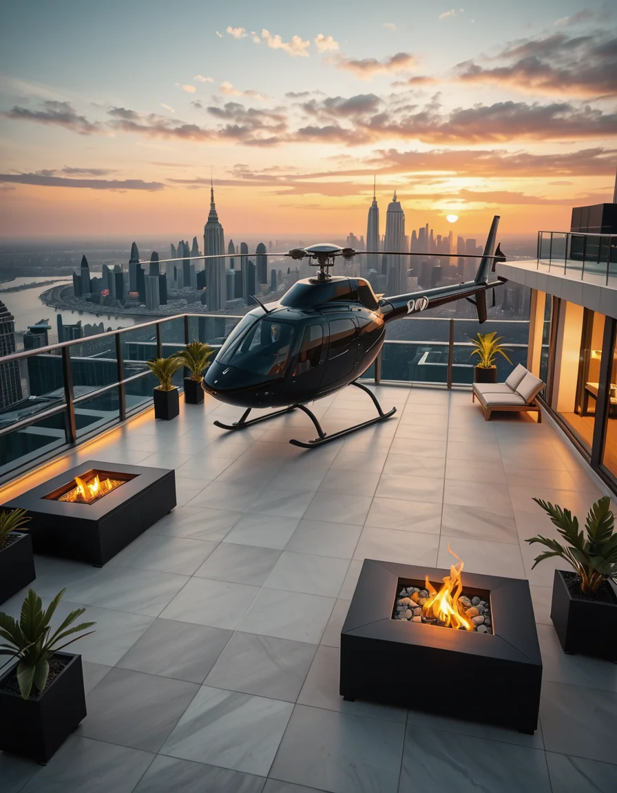 A high-resolution photo of a luxurious rooftop of a five-star hotel at sunset, featuring a sleek helipad with a high-end, matte-black private helicopter elegantly parked. The rooftop is designed with ultra-modern architecture, featuring a spacious terrace with infinity-edge glass railings, ambient lighting, and a panoramic city skyline in the background. The surface of the helipad is clean, polished concrete with clear illuminated markings. Surrounding the helipad, there are lounge areas with modern outdoor furniture, minimalist fire pits, and decorative planters with tropical greenery. The lighting is warm and golden, casting soft shadows and highlighting the contours of the helicopter and the textures of the rooftop. The sky is dramatic, painted with hues of orange, pink, and violet, creating a cinematic atmosphere of luxury and exclusivity. The overall mood is elite, calm, and aspirational, showcasing the ultimate in urban luxury lifestyle.
<lora:SDXLFaeTastic2400:0.4> <lora:extremely_detailed:0.4> extremely detailed,helipad r00ft0p <lora:helipad_r00ft0p-i:1>, Masterpiece,best quality,hi res,8k,hi res,8k,award winning,(sharp focus, intricate, highly detailed),