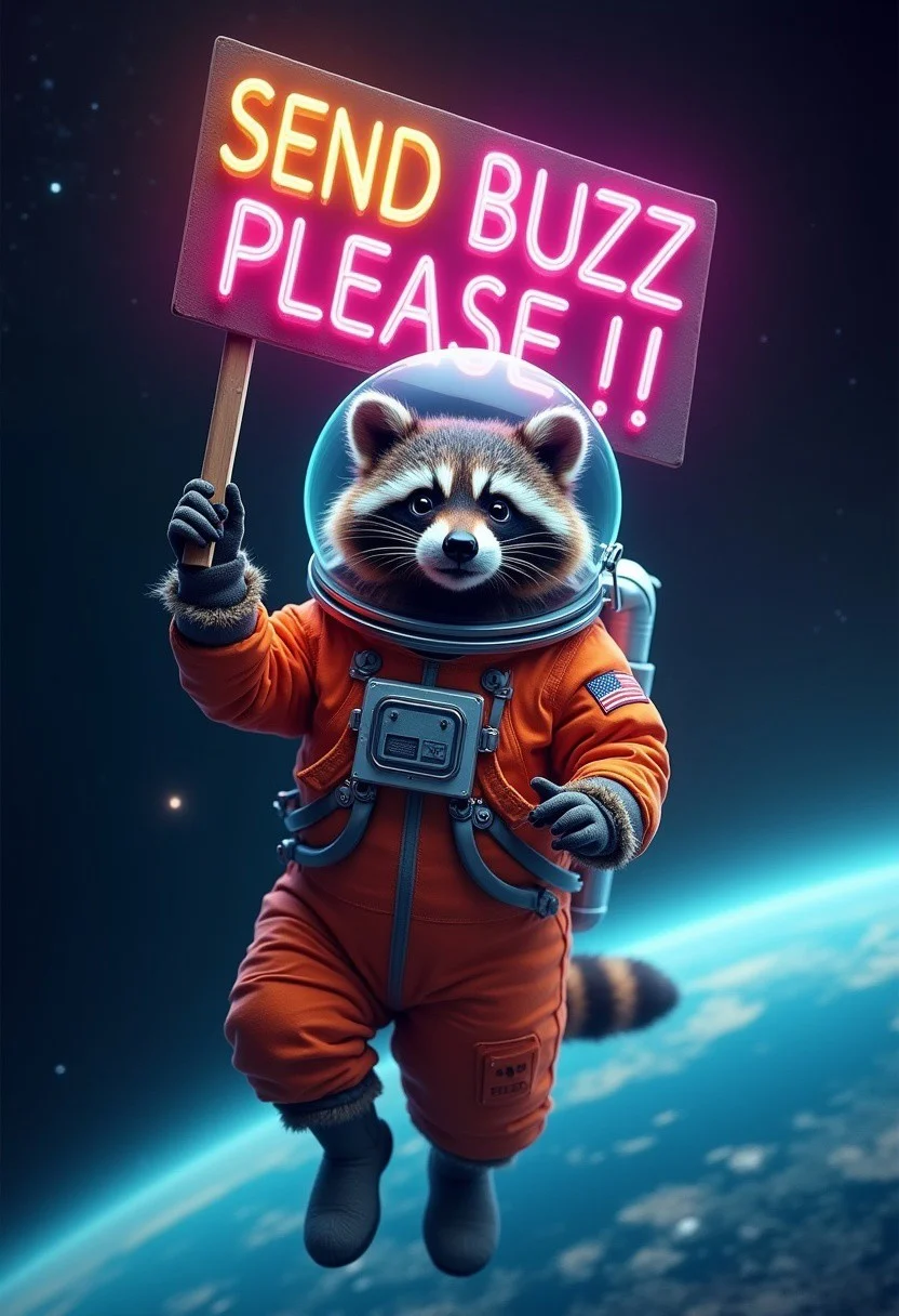 A hyper realistic closeup photo of a super-cute, adorable raccoon in an oversized astronaut’s space suit drifting in space, holding up a colorful neon sign that says, “SEND BUZZ PLEASE!!” Its ears are inside the helmet. He’s also wearing gloves and boots. You can see the curvature of the earth in the background of lower right-hand third of the image.