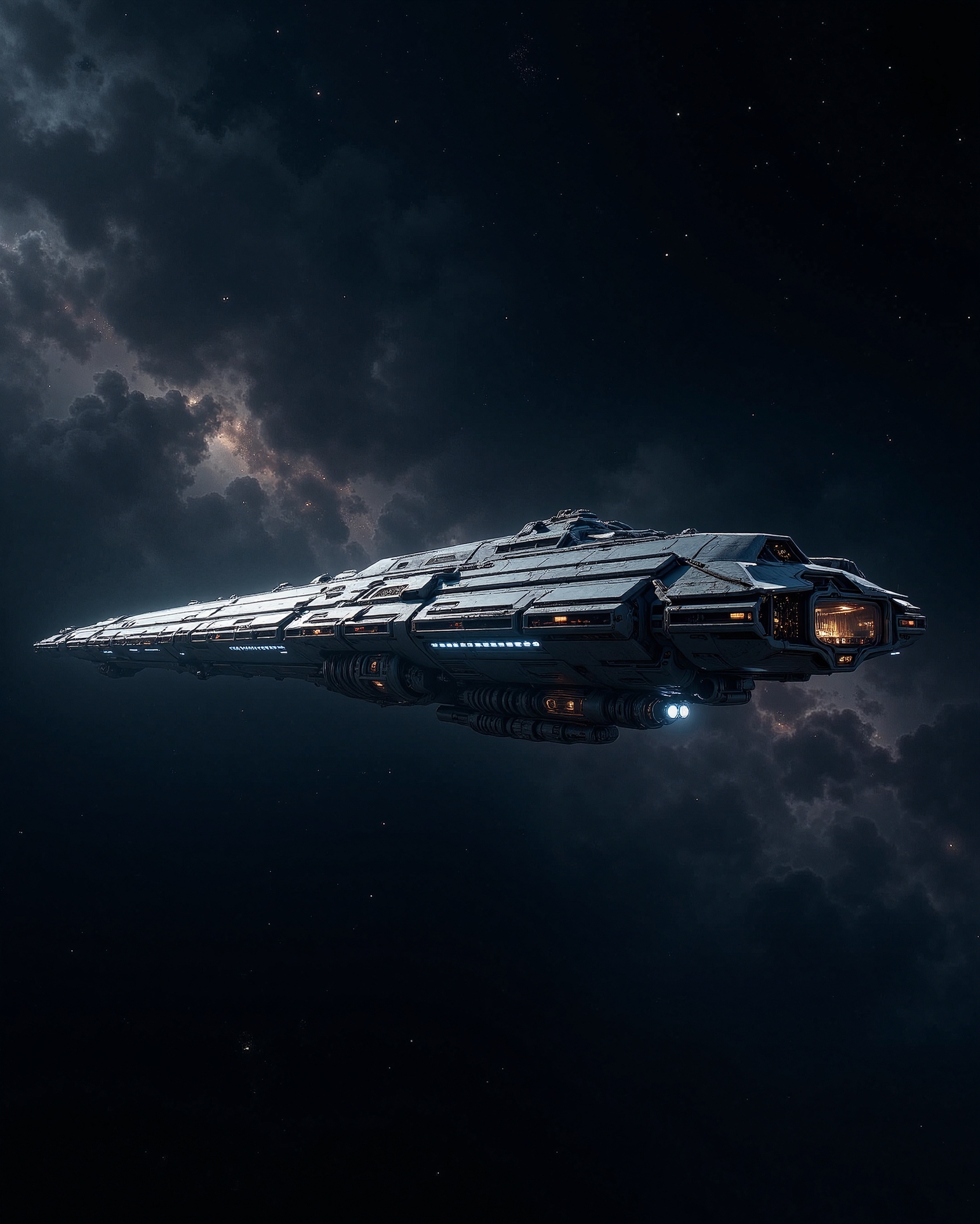 in the style of cksx, In the lonely, vast expanse far between stars, a solitary deep space exploration ship hangs suspended. Cold starlight glints off its durable, perhaps slightly weathered hull, designed for decades-long missions. Multiple sensor arrays passively scan the void. Only the dim glow from its bridge window and the faint hum of its fusion engines break the silence. Capture the feeling of immense isolation and the grandeur of exploration.