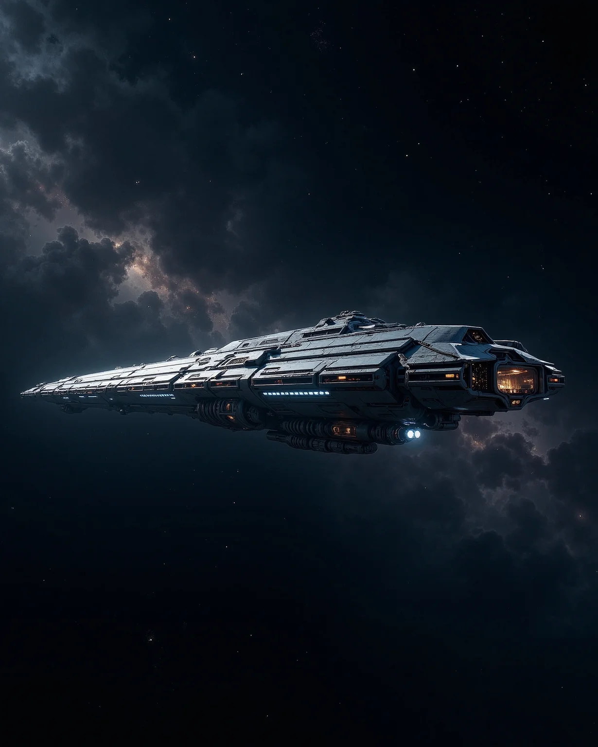 in the style of cksx, In the lonely, vast expanse far between stars, a solitary deep space exploration ship hangs suspended. Cold starlight glints off its durable, perhaps slightly weathered hull, designed for decades-long missions. Multiple sensor arrays passively scan the void. Only the dim glow from its bridge window and the faint hum of its fusion engines break the silence. Capture the feeling of immense isolation and the grandeur of exploration.