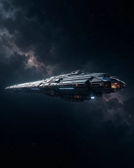 in the style of cksx, In the lonely, vast expanse far between stars, a solitary deep space exploration ship hangs suspended. Cold starlight glints off its durable, perhaps slightly weathered hull, designed for decades-long missions. Multiple sensor arrays passively scan the void. Only the dim glow from its bridge window and the faint hum of its fusion engines break the silence. Capture the feeling of immense isolation and the grandeur of exploration.