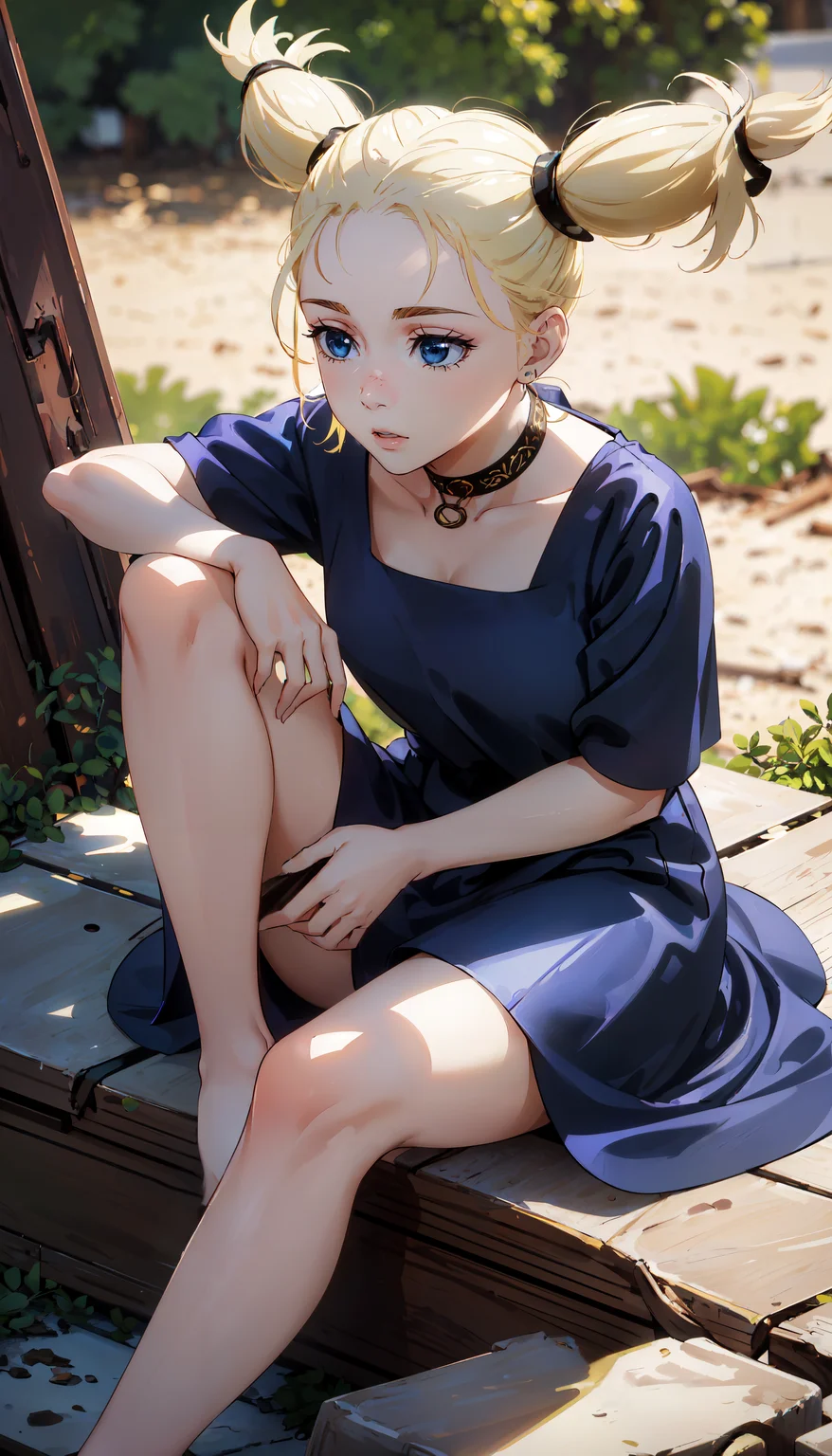 photorealistic, (4k), depth of field, (Masterpiece), (realistic skin texture), extremely detailed, intricate, hyper detailed, professional photography, bokeh, high resolution, sharp detail, best quality, girl, blonde hair, twintails, hair up, blue eyes, choker, blue dress, long dress, <lora:GoodHands-beta2:0.4>, <lora:detail_slider_v4:0.8> , dynamic pose, (sitting with elbows on knees), <lora:Momo Nishimiya-000004:0.8> ,