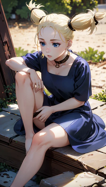 photorealistic, (4k), depth of field, (Masterpiece), (realistic skin texture), extremely detailed, intricate, hyper detailed, professional photography, bokeh, high resolution, sharp detail, best quality, girl, blonde hair, twintails, hair up, blue eyes, choker, blue dress, long dress, <lora:GoodHands-beta2:0.4>, <lora:detail_slider_v4:0.8> , dynamic pose, (sitting with elbows on knees), <lora:Momo Nishimiya-000004:0.8> ,