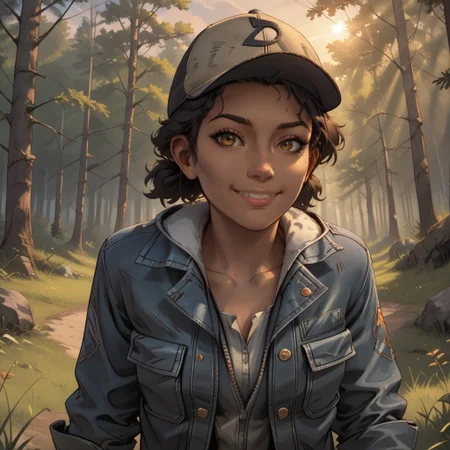 score_9, score_8, BREAK, solo, ,ClemTWD, dark-skinned female, dark skin, dark hair, short hair, brown eyes, denim jacket, cargo pants, high boots, cap, sexy pose, self portrait, smile, outdoors, sunlight, shadows, evening lighting, natural lighting, forest, trees, grass, orange sky, sunset