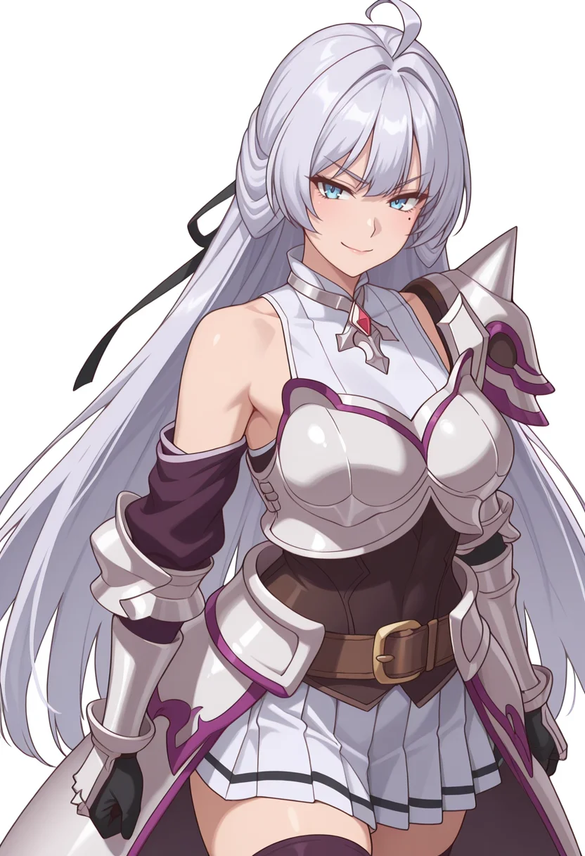 Smooth Quality,masterpiece,very intricate, high quality details, ultra realistic, high detailed skin,detailed enviorement,absurdres,
simple background, white background,
,dutch angle,v-shaped eyebrows,seductive smile,
<lora:Crylet_Kureha_cnn:0.8>
kurehacnn,1girl,bangs, blue eyes, ahoge, mole, bare shoulders, grey hair, very long hair,
armor, skirt, thighhighs, detached sleeves, breastplate, belt, shoulder armor, gauntlets,
