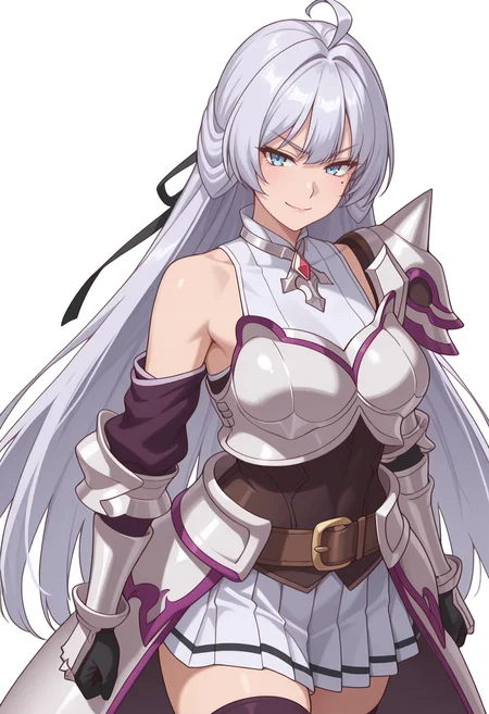 Smooth Quality,masterpiece,very intricate, high quality details, ultra realistic, high detailed skin,detailed enviorement,absurdres,
simple background, white background,
,dutch angle,v-shaped eyebrows,seductive smile,
 <lora:Crylet_Kureha_cnn:0.8>
kurehacnn,1girl,bangs, blue eyes, ahoge, mole,  bare shoulders, grey hair, very long hair,
armor, skirt, thighhighs, detached sleeves, breastplate, belt, shoulder armor, gauntlets,