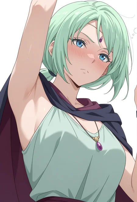 Smooth Quality,masterpiece,very intricate, high quality details, ultra realistic, high detailed skin,detailed enviorement,absurdres,
simple background, white background,solo,
from below,dancing,
drunk,
<lora:Mjurran_cnn:0.7> mjurrancnn1girl, short hair, green hair, blue eyes, frown,necklace, forehead jewel,low ponytail, dress, cape, wristband,