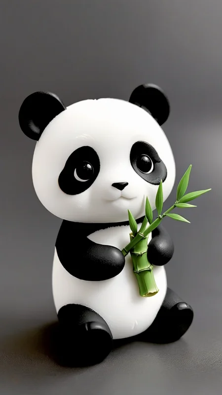 <lora:3DPrintingXL:1>,whitemold,3d printed mold,art style,greyscale,monochrome, Adorable little panda holding a bamboo shoot, with big, sparkling eyes and a soft round body, perfect for cuddling and play.
