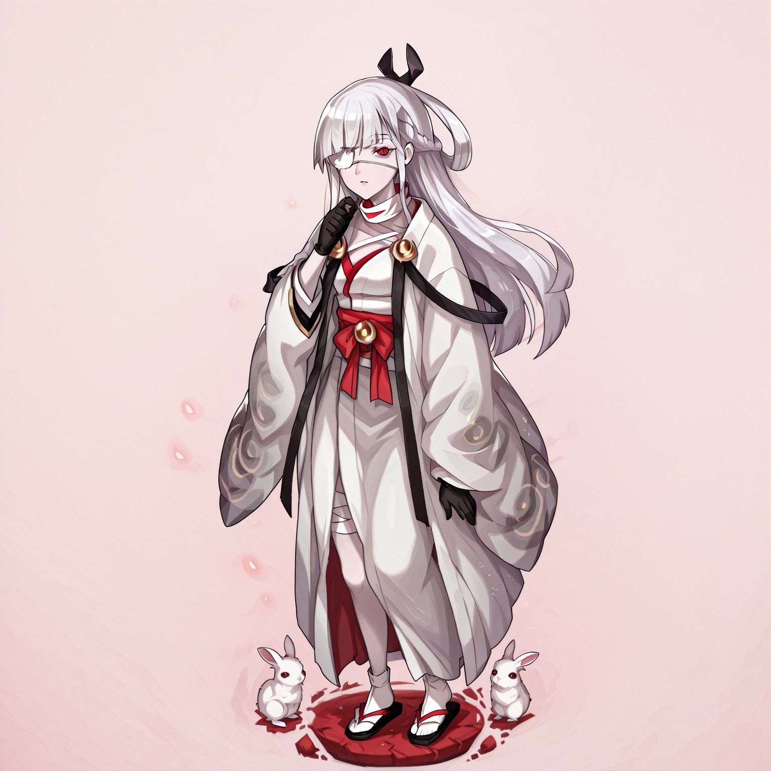 lazypos,anime screencap, 
Kaguya Dragalia, long hair, white hair, braid, black ribbon, hair ribbon, eyepatch, red eye, pale skin, bandages, white kimono, japanese clothes, brooch, black gloves, sandals, full body, standing, from the side, looking at viewer, rabbits,