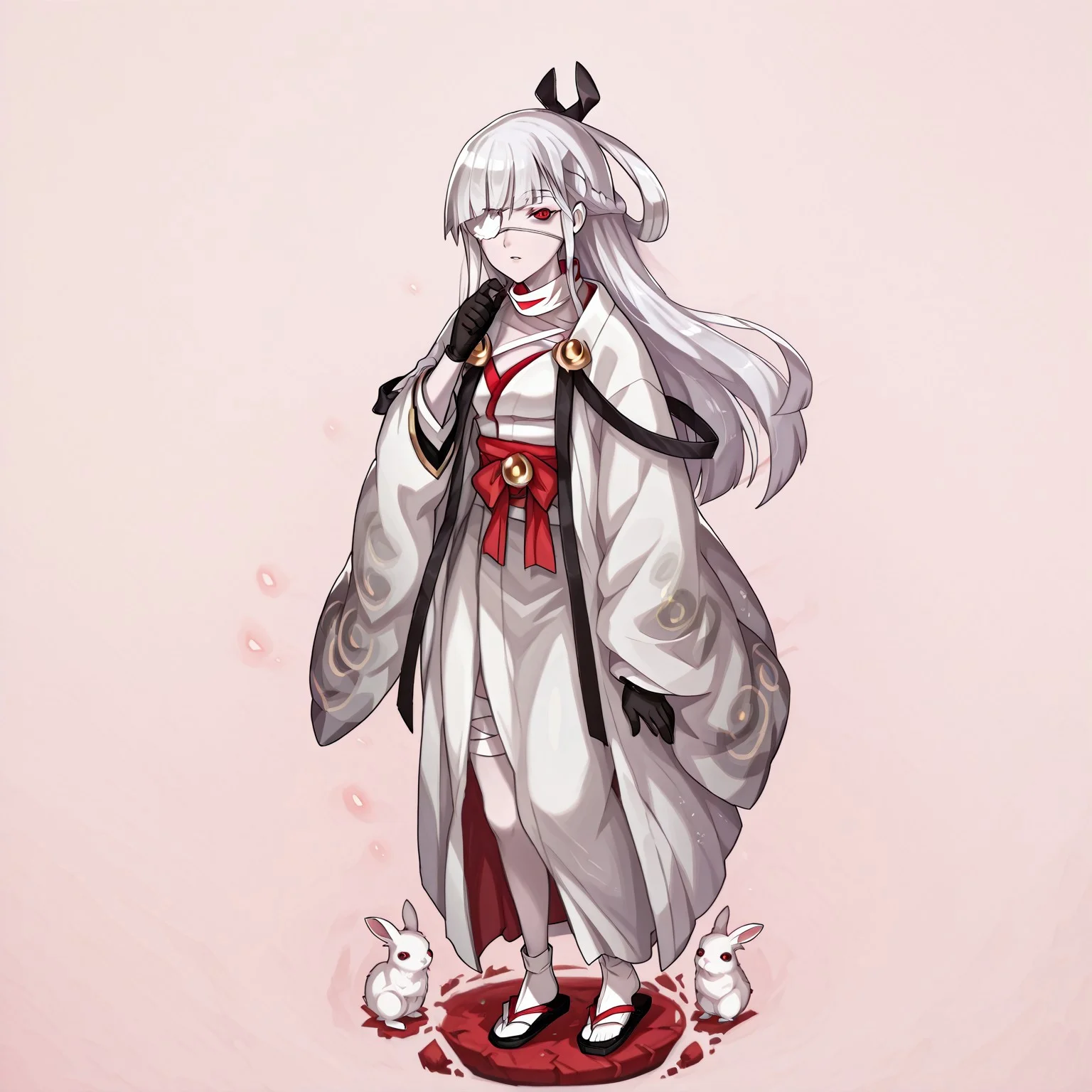 lazypos,anime screencap,
Kaguya Dragalia, long hair, white hair, braid, black ribbon, hair ribbon, eyepatch, red eye, pale skin, bandages, white kimono, japanese clothes, brooch, black gloves, sandals, full body, standing, from the side, looking at viewer, rabbits,