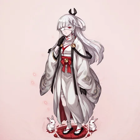 lazypos,anime screencap,
Kaguya Dragalia, long hair, white hair, braid, black ribbon, hair ribbon, eyepatch, red eye, pale skin, bandages, white kimono, japanese clothes, brooch, black gloves, sandals, full body, standing, from the side, looking at viewer, rabbits,
