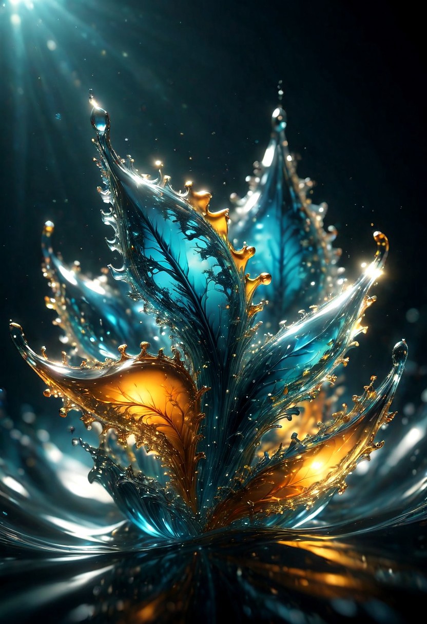 An abstract shape, amazingly fluid, made of glass, detailed, 3d fractals, light particles, water drops, shimmering light, surreal, ink, smooth, shimmering, glow, cinematice contrast, Glow, 
16k