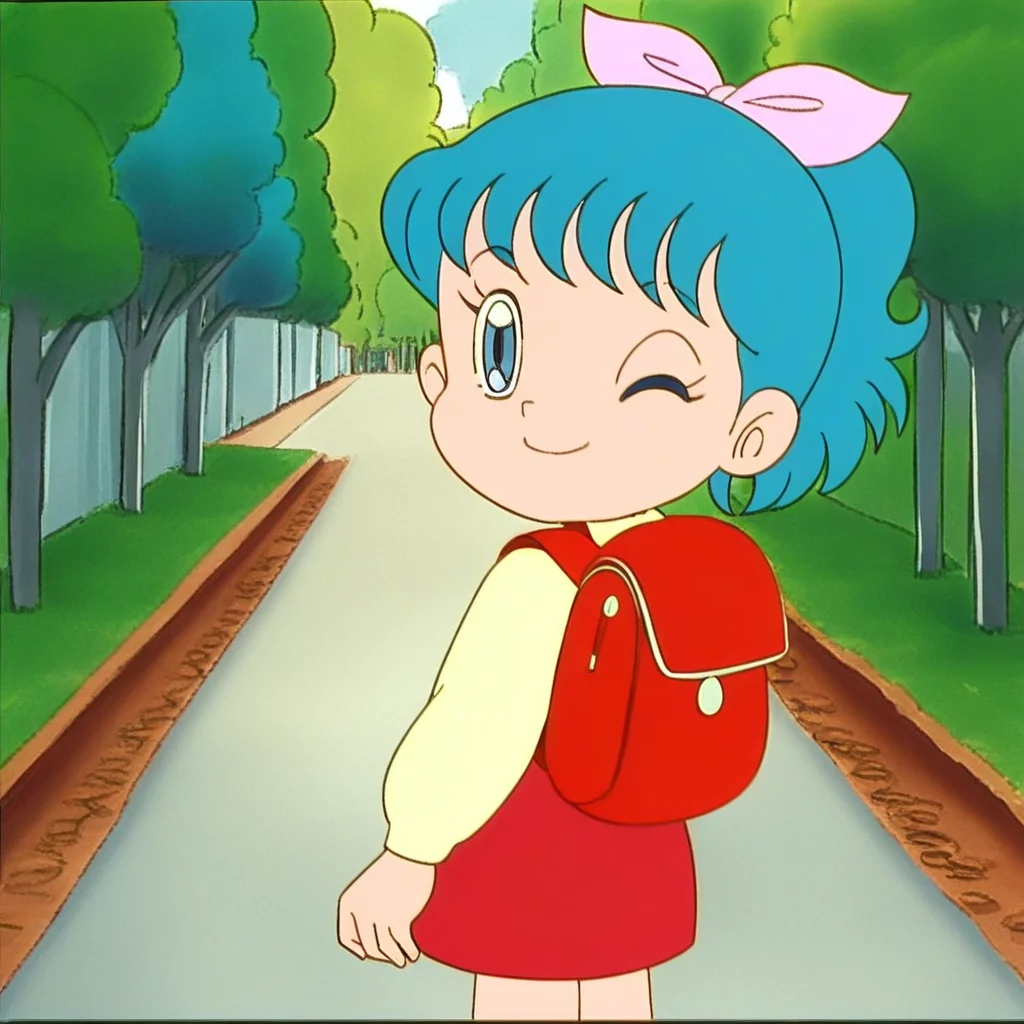 source_anime, 1girl, solo, mikikonoha, blue hair, blue eyes, blue hair ponytail, pink bow on hair, cream-colored long-sleeve shirt, red straps, red skirt, white long socks, red shoes, standing, red backpack, wink_eye, looking at viewer, smile, closed mouth, streets, trees, outdoors