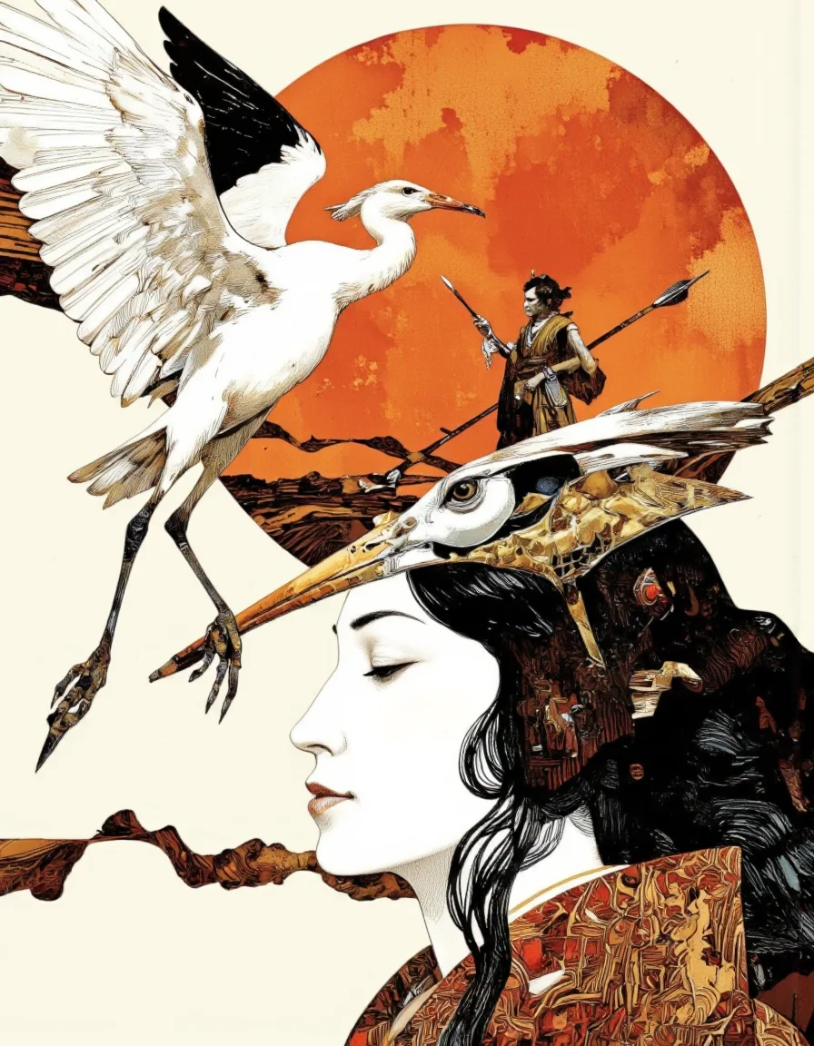 Art by Sergio Toppi. A digital illustration shoot from a profile camera angle about a stylized illustration featuring a woman with long black hair and a large white bird perched on her head, with an orange sunset in the background. the woman is positioned in the center of the image, facing away from the viewer, with her eyes closed and a serene expression on her face. she is wearing a traditional japanese kimono with intricate patterns. on the left side of the woman, a white bird with a long neck and a long beak is flying, with its wings spread wide, as if it is about to take flight. the bird is perched on the woman's head, and it has a long, pointed beak and a sharp, pointed tip. on top of the bird, a small figure of a man is standing, holding an arrow, looking up at the woman. the background is a simple, abstract design with a warm orange hue, and the overall style is reminiscent of traditional Japanese art with bold lines and vibrant colors.