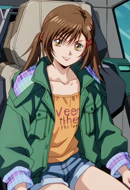 score_8, score_8_up, score_7_up, AWGXS, anime screenshot, retro artstyle,1990s (style), cel animation BREAK 1girl, female focus, solo, misa_GB, flat chest, hair ornament, hair clip, asymmetrical hair, short twintails, green jacket, hooded jacket, open jacket, collared jacket, blue plaid hood, blue plaid sleeve cuffs,collarbone, orange shirt, low-cut shirt, text print, clothes writing,short shorts, denim shorts, cockpit, straight-on, looking at viewer, serious expression, smile, sitting, cowboy shot,