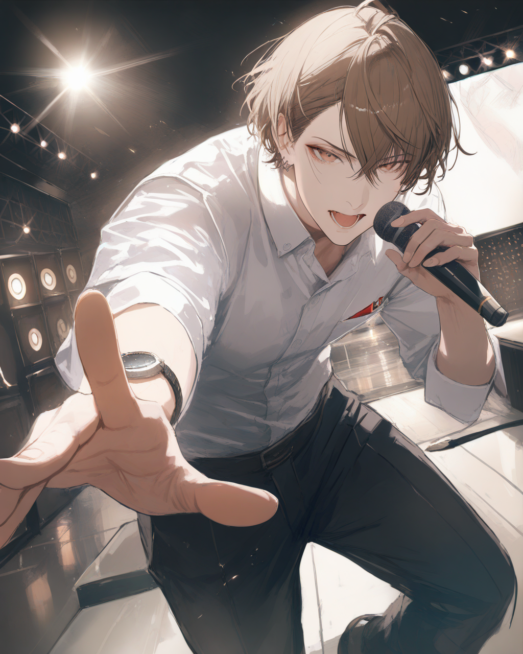 1boy, KagamiHayatoNijisanji, 
safe, male focus, dynamic angle, perspective, realistic, 
nose,
singing, holding microphone, reaching toward viewer,
collared shirt, 
wristwatch,
black pants,
spot lighting, stage, live house,
<lora:kp_KagamiHayatoNijisanjiAnimagineXL_v1_1:1.0>,
masterpiece, high score, great score, absurdres