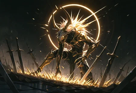 destroyed battlefield background, dynamic angle, dynamic pose, great composition, an epic eclipse, Black and gold, gold, masterpiece, best quality, volumetric lighting, dark background, ,mesmerizing yet terrifying embodiment of destruction, composed entirely of thousands of sharp, gleaming blades. Its form is humanoid but disturbingly fragmented, with every inch of its body made up of swords, daggers, and shards of metal that shift and rearrange with every movement. The blades glisten, catching the light in dazzling, almost hypnotic patterns, while their jagged edges promise devastation to anything—or anyone—that comes too close.
The character’s face is an unsettling mask of angular shards, with hollow, glowing eyes that radiate menace. Each step it takes produces a cacophony of metallic scraping and clinking, as though an army of swords is marching at once. Its limbs move with fluid precision, the blades adjusting seamlessly to create claws, spears, or shields depending on its intent. This being is both a weapon and a warrior, a relentless storm of cutting steel that embodies chaos and carnage, leaving nothing but destruction in its wake.