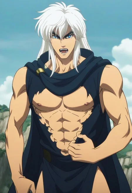 ((masterpiece)), ((best quality)), ((ultra-detailed)), score_9_up, score_8_up, score_7_up, HD, top quality, best quality, High-quality illustrations, anime screencap, source_anime, perfect anatomy, 1boy, 1male, male anime character, anime boy, solo male, male focus, handsome, attractive, sexy, ((fit body, lean body,mature body, hunk body)), ((tall, tall height, tall body)), looking at viewer, looking at front, front shot, front view, Dark Schneider, long hair, white hair, blue eyes, bushy black eyebrows, fangs, rode, cape, tunic, ((ripped outfit, exploding outfit, destroyed outfit, scratched outfit)), ((screaming loudly in agony, screaming towards the sky)), ((dramatic pose)), ((dramatic scenery))