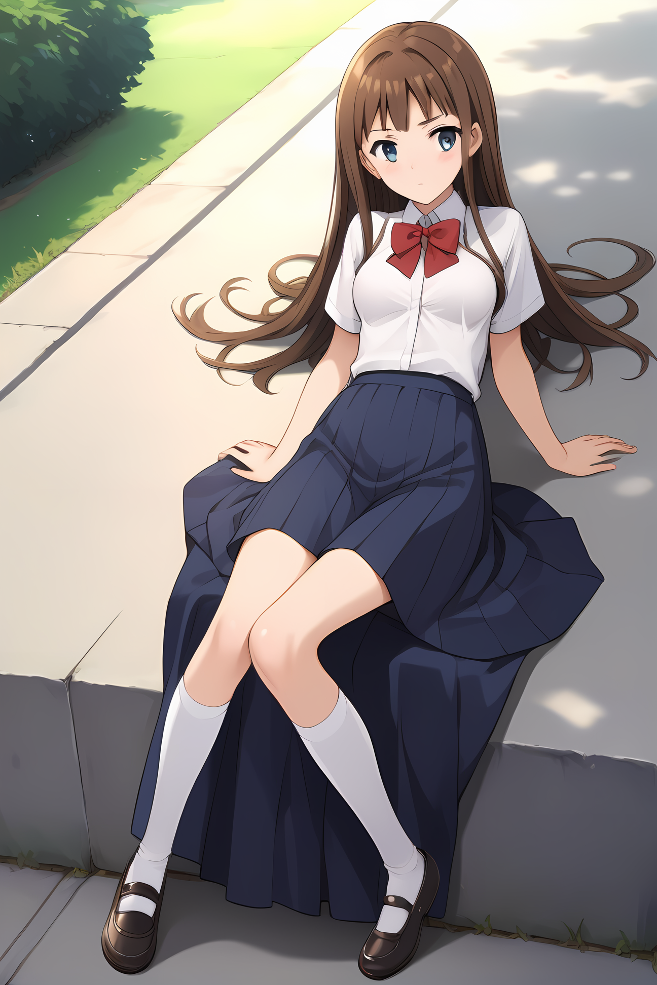 school uniform white shirt blue skirt long skirt mary janes, mt-asuka, brown hair, red bow, medium breasts, 1girl, solo, skinny, masterpiece, high quality, (full body|sitting|standing|lying), outdoors, blush, score_9, score_8_up, score_7_up, source_anime, anime, anime style <lora:mt-asuka-V01-000002:0.50>