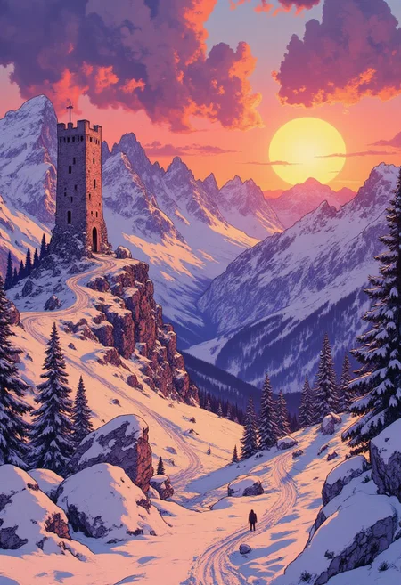 A breathtaking alpine valley blanketed in pristine snow, illuminated by the radiant glow of a large, setting sun. The sky is a mesmerizing blend of deep purples, magentas, and oranges, with scattered, dramatic clouds reflecting the warm hues. Towering snow-capped mountains dominate the horizon, their rugged peaks standing against the twilight sky. A winding path meanders through the valley, while an ancient tower stands on the slope of the mountain, flanked by dense clusters of pine trees, their dark silhouettes contrasting sharply against the luminous snow. Jagged rocks and frost-covered branches add to the raw beauty of the winter landscape. The composition is cinematic, with a painterly aesthetic, evoking both solitude and grandeur in a high-detail fantasy realism style.