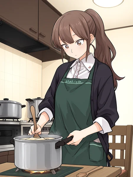<lora:Yuna_Toomi_-_Illustrious:1> yuna toomi, sketch,
1girl, green apron, chair, table, statind in kitchen, indoors, white shirt,
cooking, cooking pot, holding wooden spoon, looking down, black jacket,
masterpiece,best quality,amazing quality,