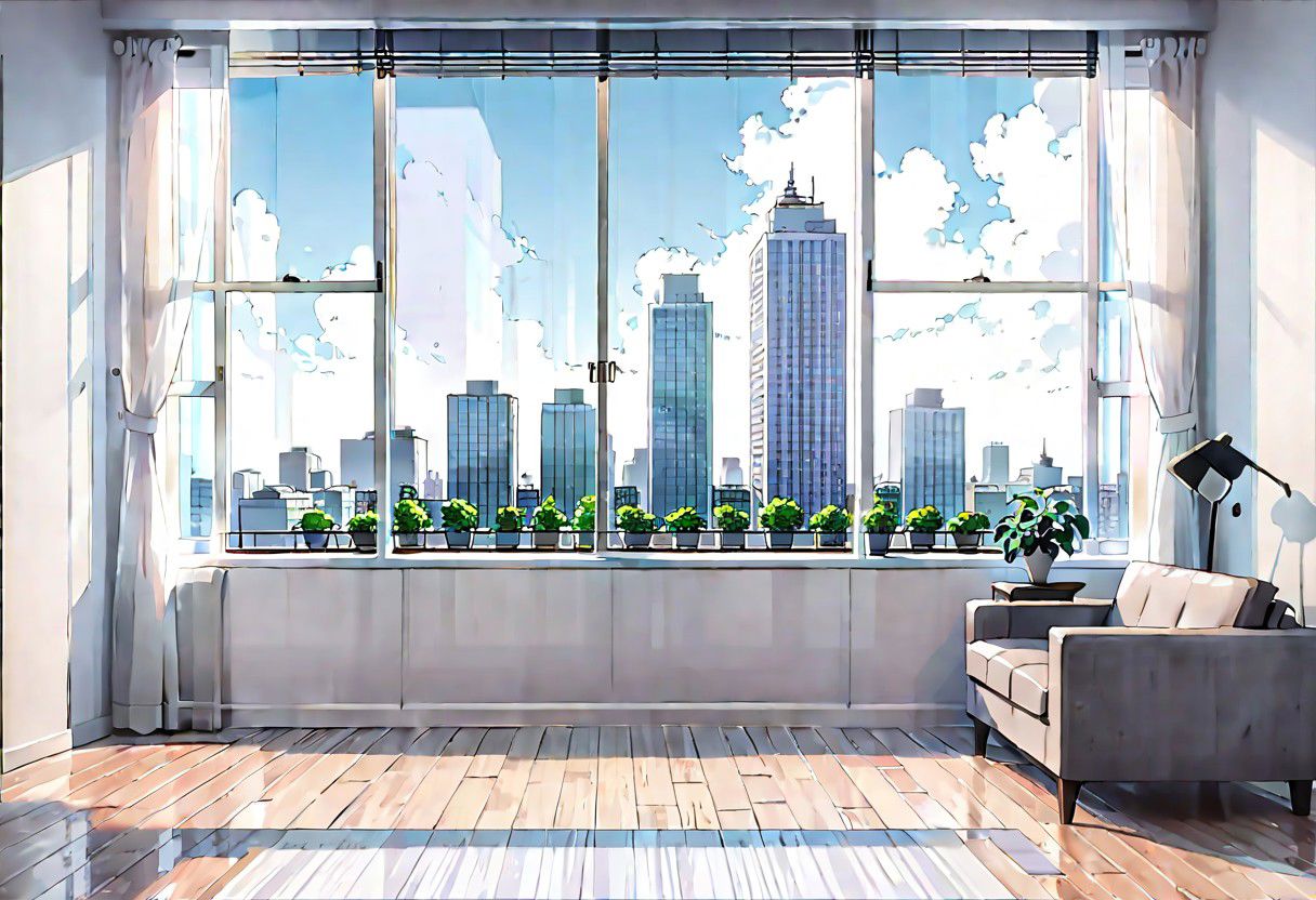 ((((front view)))), Shallow scene, ((animation style)), (((City high-rise building scenery))), ((((City scenery outside the window)))), (Facing the window), (open window), modern-style interior, Wooden floor, with white walls, (large windows), a living room, sofa and coffee table by the window sill, (Behind the sofa is the window sill), noon, clear sky, low saturation