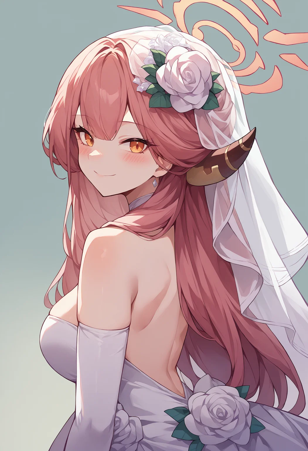 score_9, score_8_up, source_anime, 1girl, solo, RikuhachimaAru, long hair, horns, halo, backless dress, bridal gauntlets, bridal veil, eyelashes, from side, looking at viewer, strapless dress, wedding dress, white dress, simple background, smile, blush, <lora:ChamRikuhachimaAruPonyXL:1>