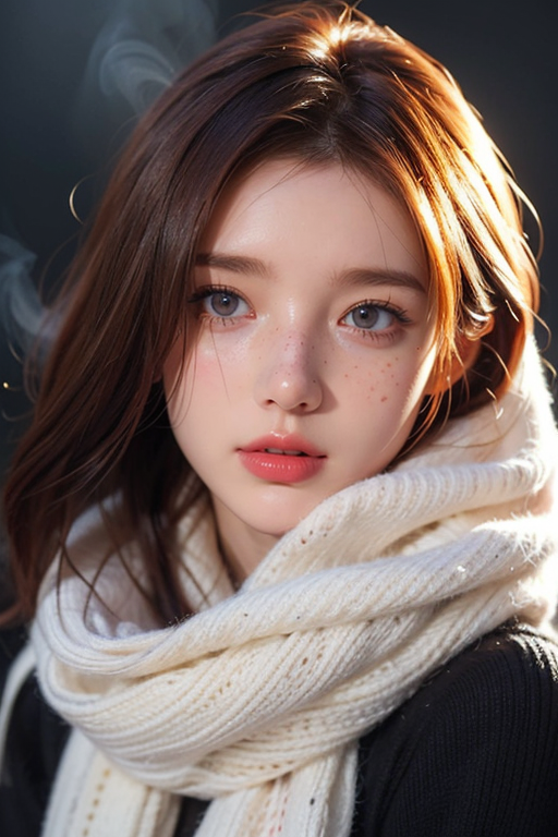 Face behind wooly scarf, Petite redhead Woman in snow, Freckles, face Closeup, face Hidden behind Pastell neon Striped wooly scarf, only blushed flirting eyes visible, looking at viewer, very Detailed, awesome Quality, reflecting, luminescent, translucent, Ethereal, Aura, 80s DARK dystopian Blade Runner Flair, very detailed, uhd, masterpiece, White smoke, light beams through smoke,<lora:TWbabe2:0.4>