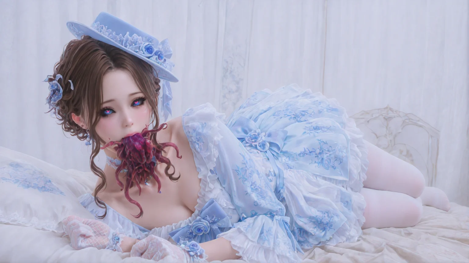(masterpiece, best quality,realistic:1.3),absurdres,(looking at viewer, collarbone,),(black sclera, bright_pupils,dilated_pupils:1.3),
1girl,solo,brown hair,blue eyes,short hair,asian,wavy hair,
Amortentia Bloom: Where Death Whispers to Roses,white dress,gloves,hat,white gloves,choker,bow,jewelry,white pantyhose,long sleeves,blue dress,blue headwear,frilled dress,blue bow,bowtie,sidelocks,dress bow,fishnet gloves,makeup,blue rose,blue ribbon,full body,
mouth hold,(lying,on bed:1.4),rolling eyes,guro,tentacles,Parasite in mouth,vore,
<lora:aidmaImageUpgrader-v0.3-IL:0.6>,<lora:Amortentia Bloom(IL):0.75>,<lora:Parasite in mouth(IL):0.7>,