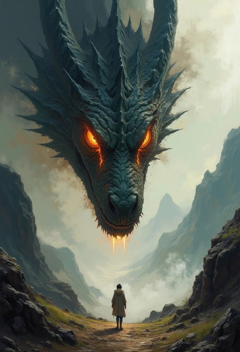 DB4RZ style painting ((((High angle From avove, camera from above, Bird's-eye view, aerial shot view)))),impasto, brushwork, paint layers, face of an epic sized dragon like creature with glowing orange slit eyes, mountains in foreground, side view, cinematic, fog, fantasy, dusty, noisy, grainy, artistic rendition, epic scale <lora:Midjourney_Whisper_BrushPulse_v01:1>