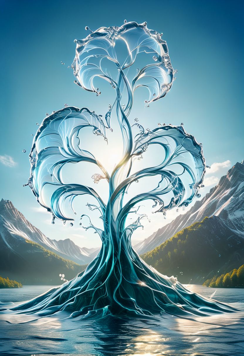 UHD, masterpiece, high quality, extremely details, intricate details, sharp focus, realistic, OverallDetailXL, sss
a tree made of ((water)) ,((ais-wvs)),  lake surrounded by mountains,sun sunlight, sunray ,SauronsTower,